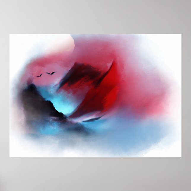 Watercolor Natural Mountain Birds Sunset Painting Poster (Front)