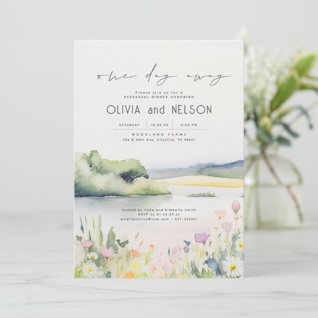 Watercolor Nature and Wildflowers Rehearsal Dinner Invitation (Standing Front)