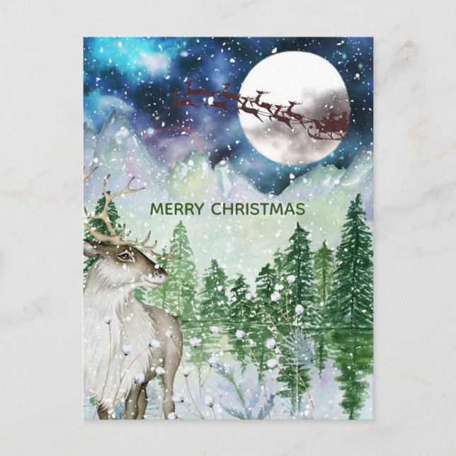 Watercolor Nature Christmas Santa Reindeer Deer  Postcard (Front)
