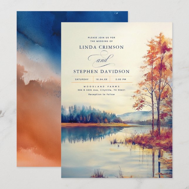 Watercolor Nature Fall Landscape Wedding Invitation (Front/Back)