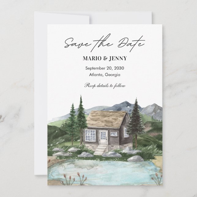 Watercolor Nature house lake wedding  Save The Date (Front)
