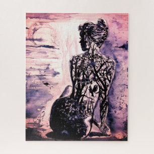 Watercolor - Nature Lady - Black and White Art Jigsaw Puzzle