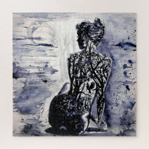 Watercolor - Nature Lady - Black & White - Jigsaw Puzzle