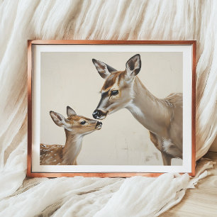 Watercolor Nature Mother Deer and Fawn Art Poster
