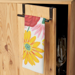 Watercolor Nature Red Rose Yellow Daisy Floral Tea Towel