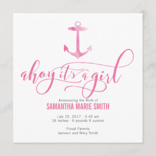 Watercolor Nautical Anchor Baby Girl Announcement
