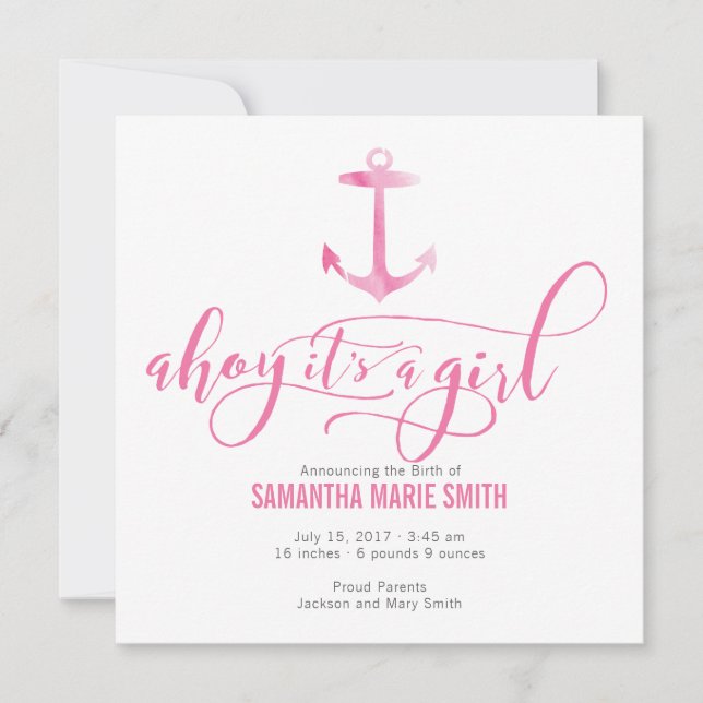 Watercolor Nautical Anchor Baby Girl Announcement (Front)