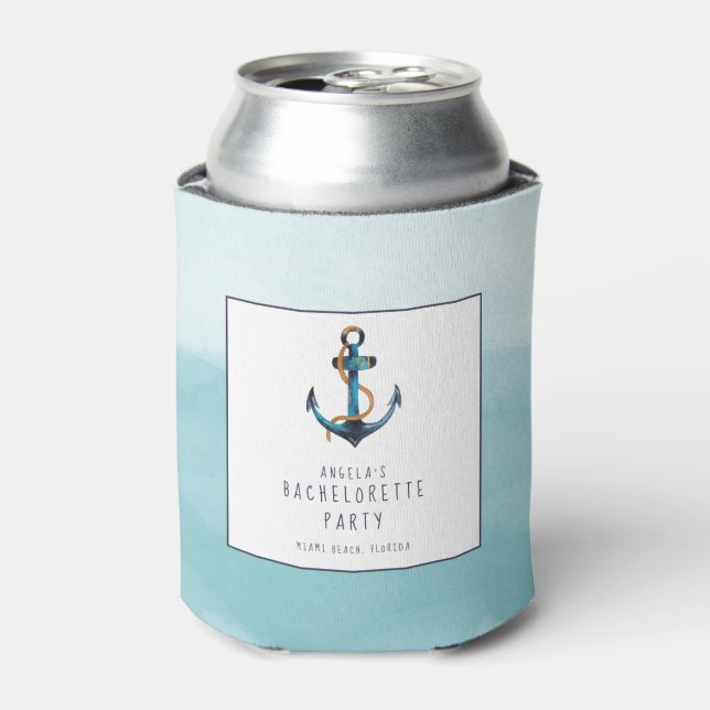 Watercolor Nautical Anchor Bachelorette Party Can Cooler (Can Front)