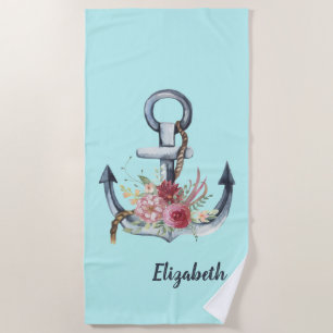 Watercolor Nautical Anchor Floral Beach Towel