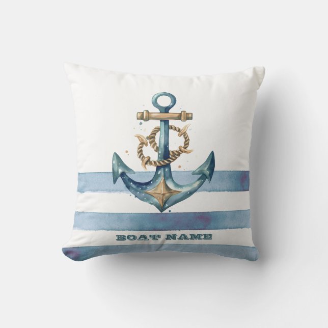 Watercolor Nautical Anchor Light Blue Stripes Cushion (Front)