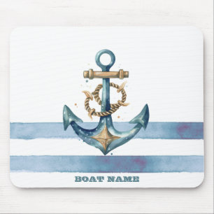 Watercolor Nautical Anchor Light Blue Stripes Mouse Mat