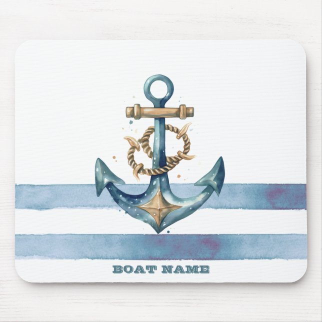 Watercolor Nautical Anchor Light Blue Stripes Mouse Mat (Front)