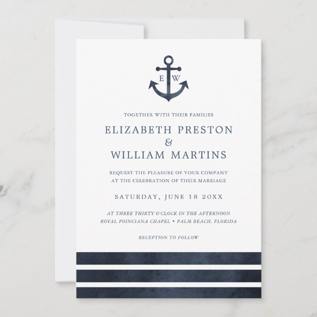 Watercolor Nautical Anchor Stripes Ocean Wedding Invitation (Front)