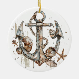 WATERCOLOR NAUTICAL ANCHOR WITH SEASHELLS CERAMIC TREE DECORATION