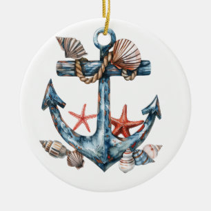 WATERCOLOR NAUTICAL ANCHOR WITH SEASHELLS CERAMIC TREE DECORATION