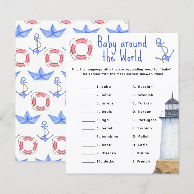 Watercolor nautical - baby around the world game (Front/Back)
