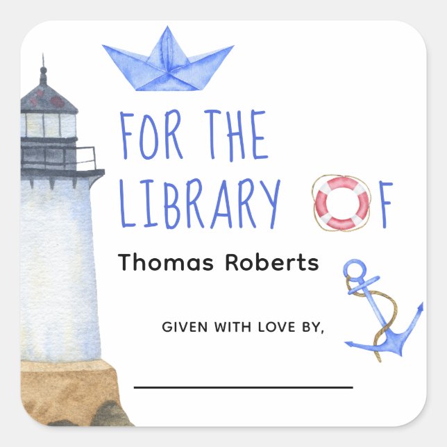 Watercolor nautical - baby shower bookplate square sticker (Front)