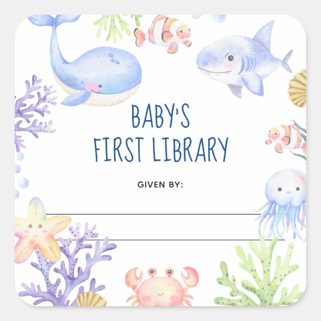 Watercolor nautical - baby shower bookplate square sticker (Front)