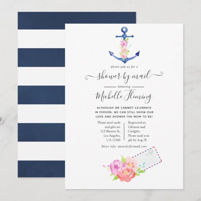 Watercolor Nautical Baby Shower by Mail Invitation (Front/Back)