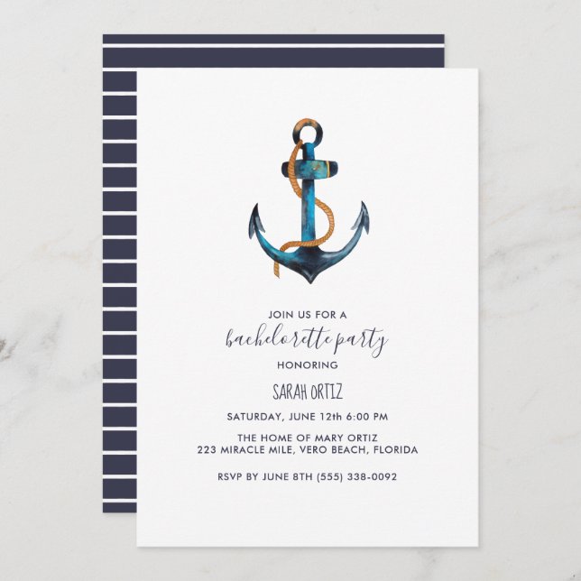 Watercolor Nautical Bachelorette Party Invitation (Front/Back)