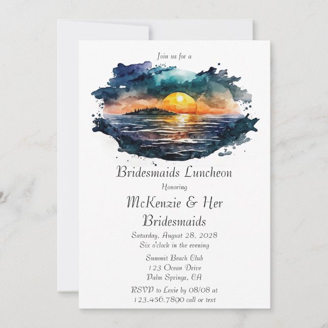Watercolor Nautical Beach Scene Bridesmaids Lunch Invitation (Front)