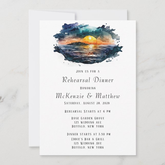 Watercolor Nautical Beach Scene Rehearsal Dinner Invitation (Front)