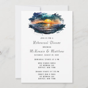 Watercolor Nautical Beach Scene Rehearsal Dinner Invitation