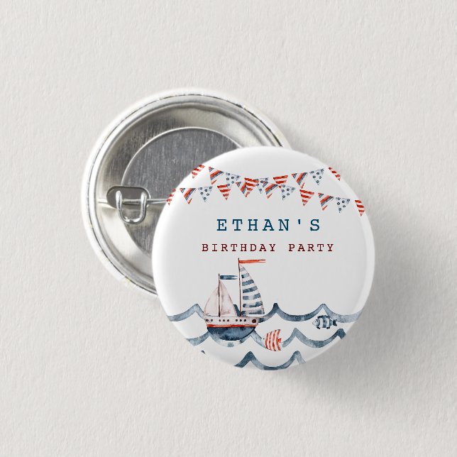 Watercolor Nautical Birthday Party Monogram 3 Cm Round Badge (Front & Back)