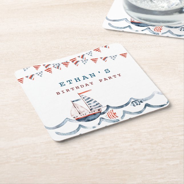 Watercolor Nautical Birthday Party Monogram Square Paper Coaster (Angled)