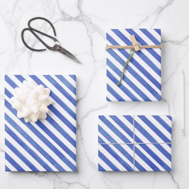 Watercolor Nautical Blue and White Stripes Wrapping Paper Sheet (Front)