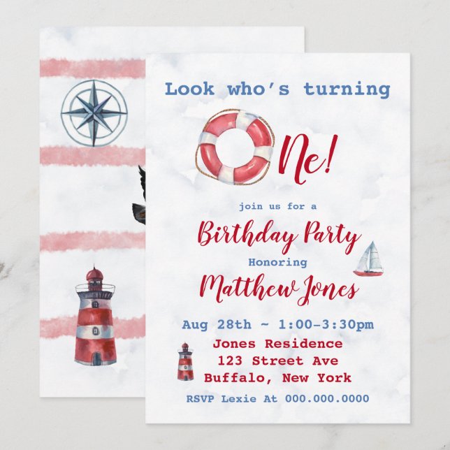 Watercolor Nautical Boy 1st Birthday Party Invites (Front/Back)