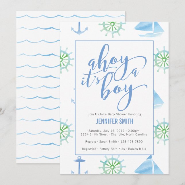 Watercolor Nautical Boy Baby Shower Invitation (Front/Back)