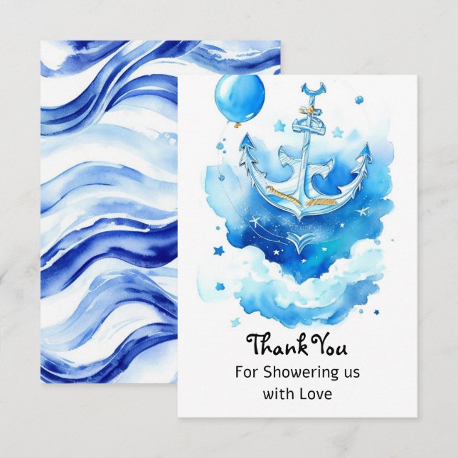 Watercolor Nautical Boy Baby Shower Thank You Card (Front/Back)
