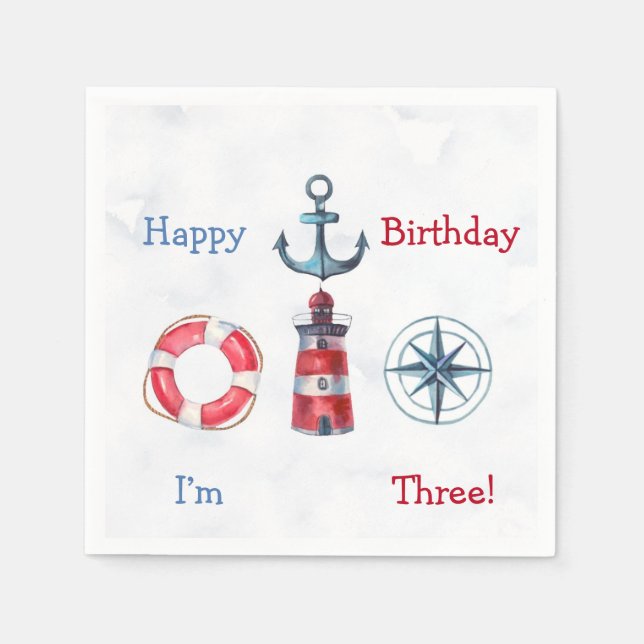 Watercolor Nautical Boy Birthday Party  Napkin (Front)