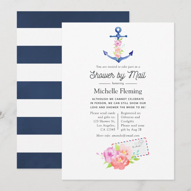 Watercolor Nautical Bridal Shower by Mail Invitation (Front/Back)