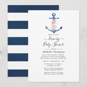 Watercolor Nautical Drive By Bridal or Baby Shower Invitation