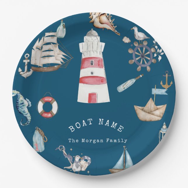 Watercolor Nautical Elements Blue Paper Plate (Front)