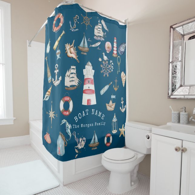 Watercolor Nautical Elements Blue Shower Curtain (In Situ)