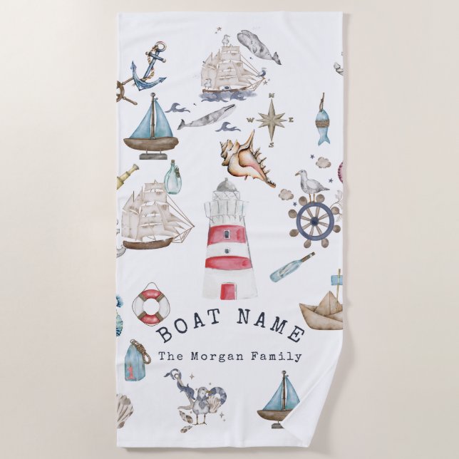 Watercolor Nautical Elements Sailor Beach Towel (Front)