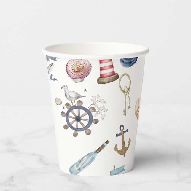 Watercolor Nautical Elements Sailor Paper Cups (Back)