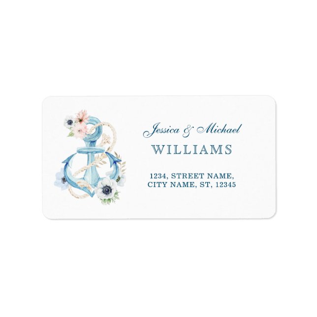Watercolor Nautical Floral Anchor Beach Elegant Label (Front)