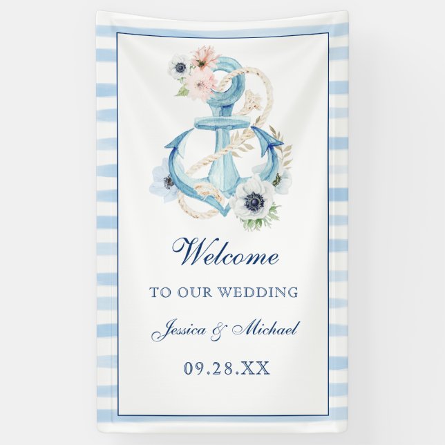 Watercolor Nautical Floral Anchor Beach Wedding Banner (Vertical)