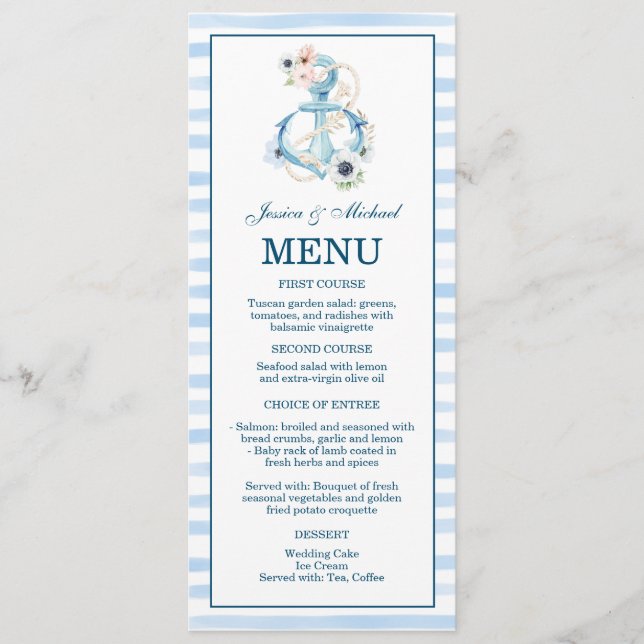 Watercolor Nautical Floral Anchor Blue Stripes Menu (Front)