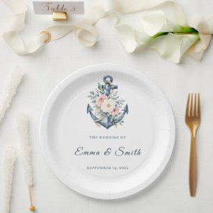 Watercolor  Nautical Floral Anchor Wedding Paper Plate