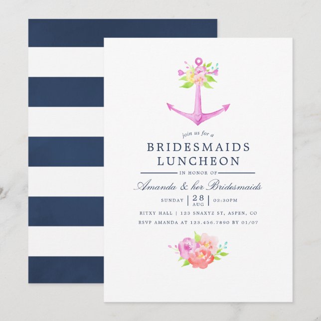 Watercolor Nautical Floral Bridesmaids Luncheon Invitation (Front/Back)
