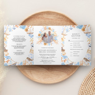 Watercolor Nautical Frame Photo Collage Wedding Tri-Fold Invitation