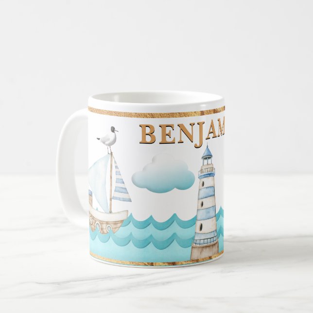 Watercolor Nautical Lighthouse Sailboats Mug (Front Left)