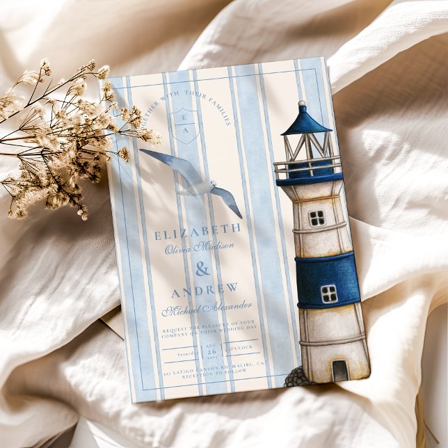 Watercolor Nautical Lighthouse Wedding Invitation (Creator Uploaded)