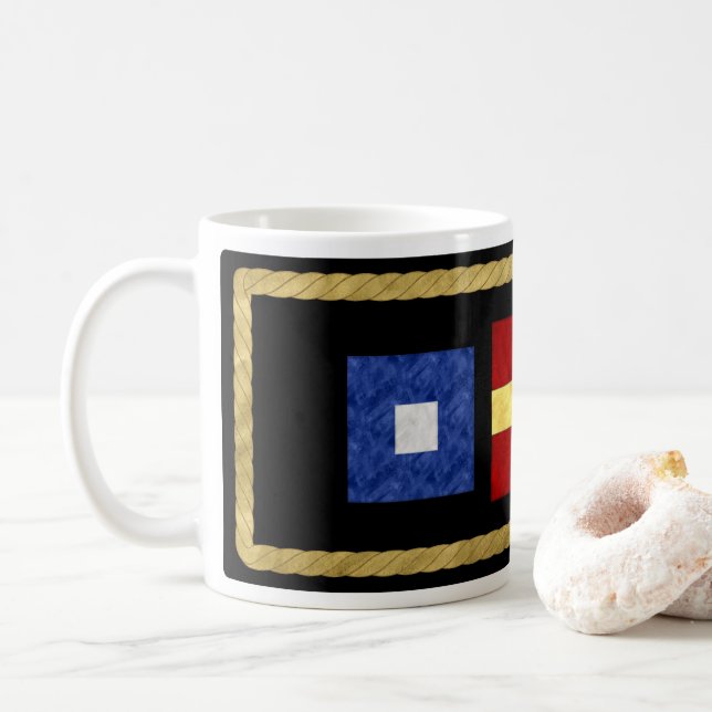 Watercolor Nautical Maritime Signal Flag Monogram Coffee Mug (With Donut)