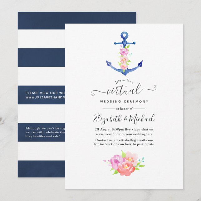 Watercolor Nautical Online Virtual Wedding Invitation (Front/Back)